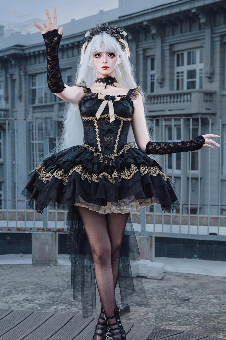 Sleeveless Multi-Layered Ruffle Bow Lace Gothic Ballet Jsk Dress