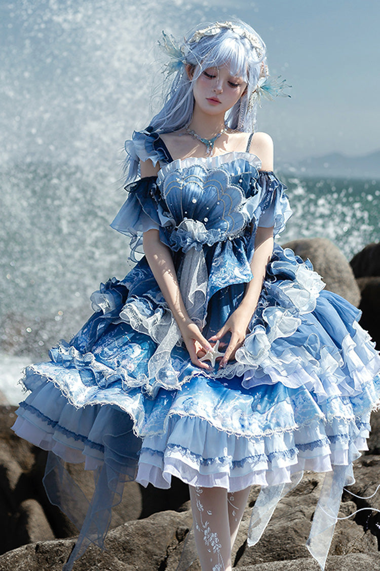 Blue Gradient Lace Embroidery Bowknot Asymmetric Elegant JSK Dress