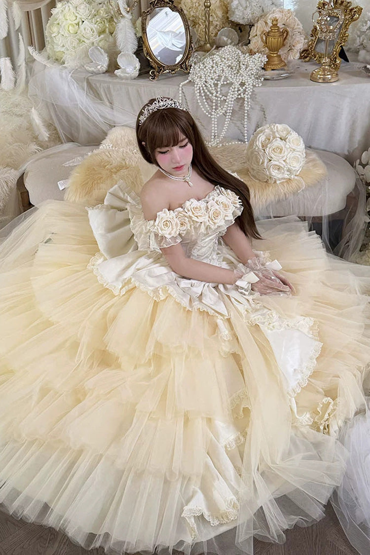 Apricot Sweet Lolita JSK Long Dress with Ruffled Hanayome Bow Lace-Up and Sleeveless Design