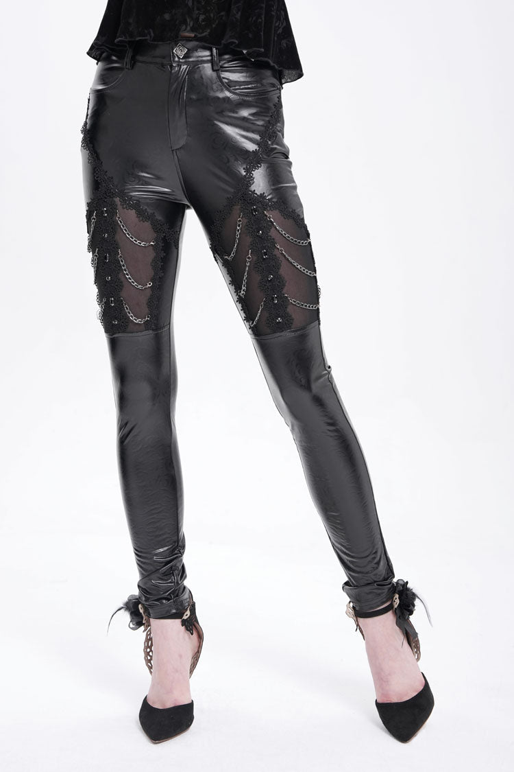 Gothic Pants with Faux Leather Stitching Lace and Chain