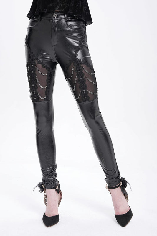 Gothic Pants with Faux Leather Stitching Lace and Chain