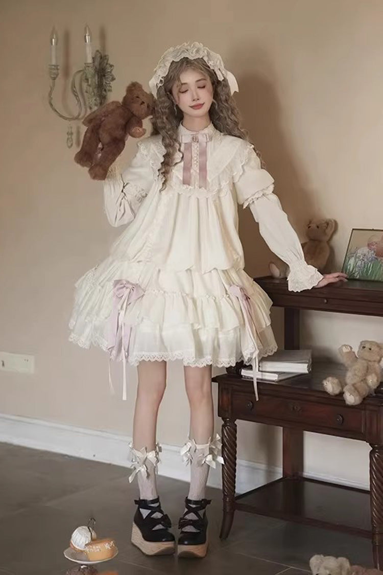 Cream Glass Flower Room Short Sleeve Triple-Layer Rose Embroidery Bow Corset Sweet Lolita Dress Set