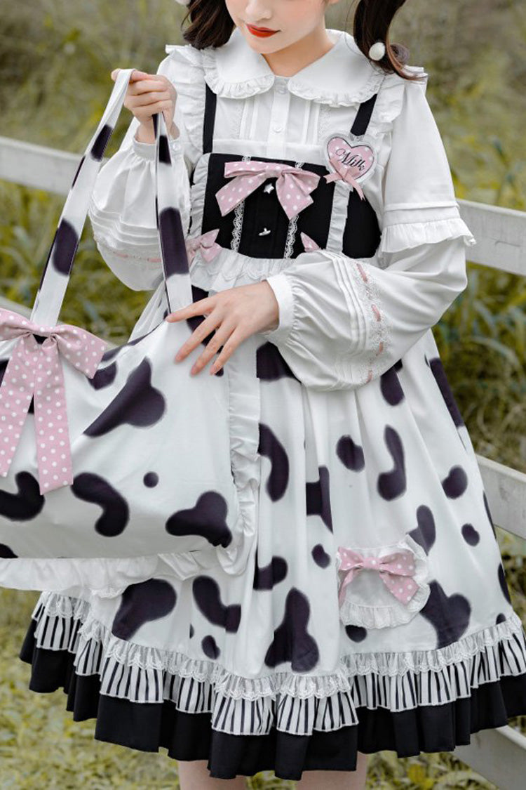 Black/White Sweet Lolita Jsk Dress High Waist Ruffled Milk Pudding Printed - Altfashion Shop