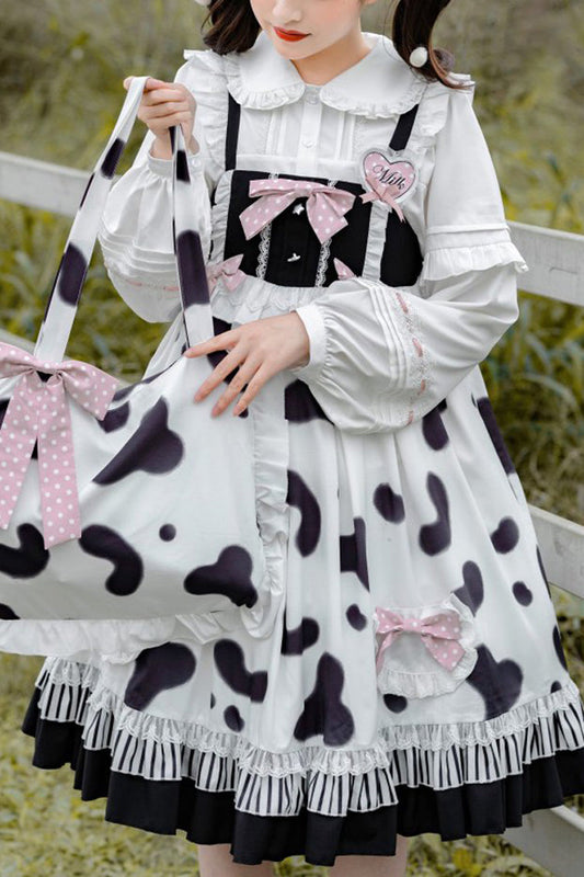 Black/White Sweet Lolita Jsk Dress High Waist Ruffled Milk Pudding Printed - Altfashion Shop