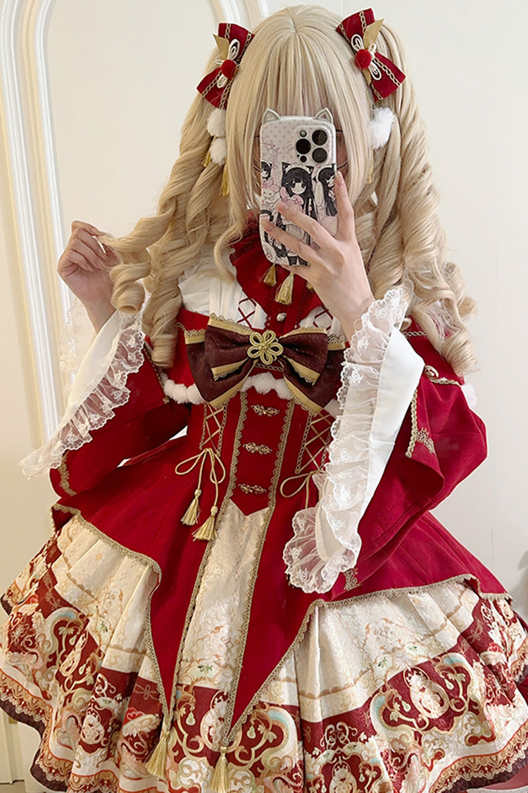 New Year Red Print Ruffle Bowknot Lace-Up Sweet Chinese Style JSK Dress