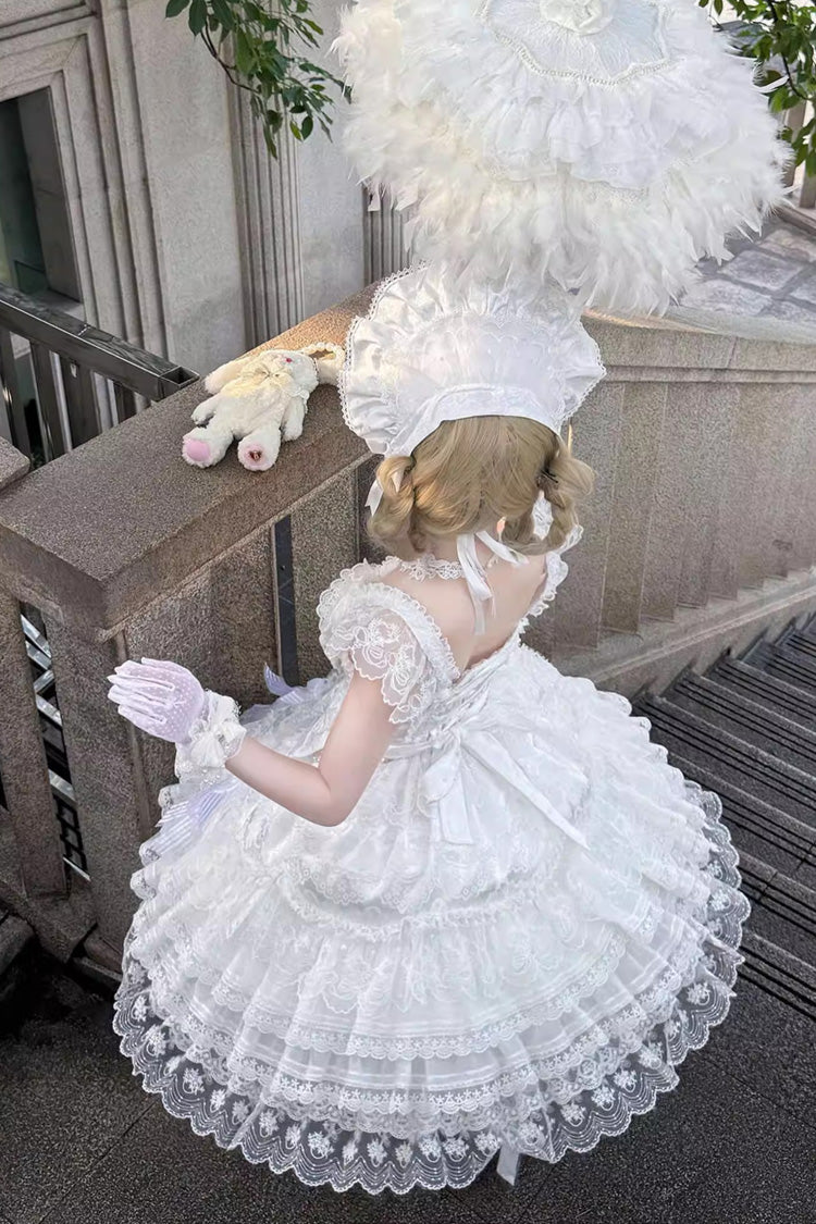 Ivory Moonlit Sakura Ode Sleeveless Tiered Ruffle Bow Lace Lolita Dress
