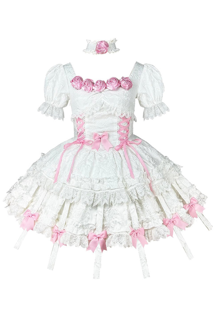 Ivory & Pink Puff-Sleeve Princess Gothic Lolita Tiered Gown