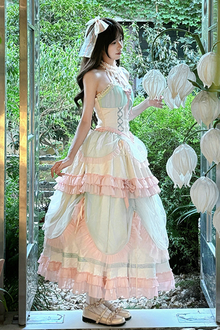 Multi-Color Mermaid Halterneck Lace-Up Sweet Lolita Dress - Ruffled Bowknot