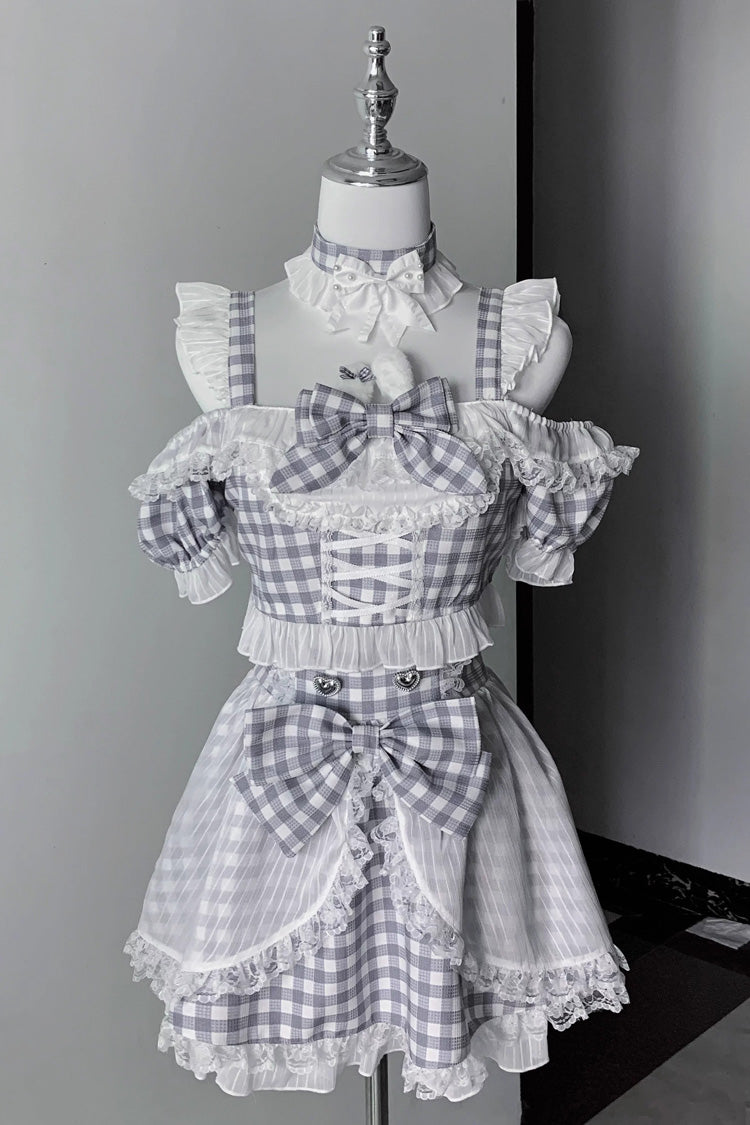 Jirai Kei Skirt Set with Plaid Print and Lace-Up Front - Night Rabbit Dream, Short Sleeves
