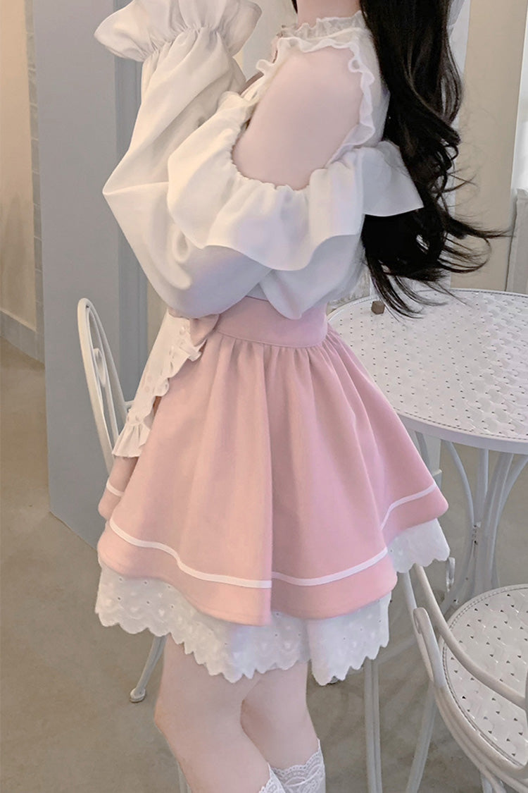 Pale Pink & White Off-Shoulder Long-Sleeve Ruffled Bow Lace Jirai Kei Skirt