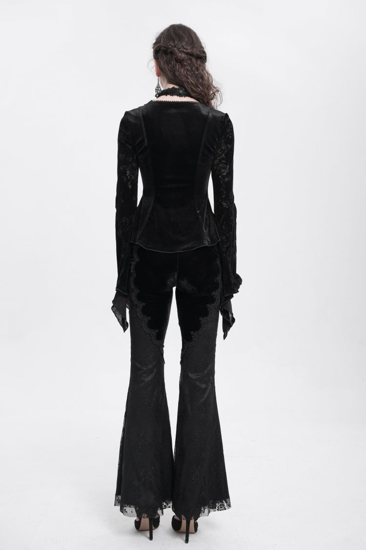 Graceful Black Jacquard Embroidered Trumpet Sleeve Halter Gothic Blouse