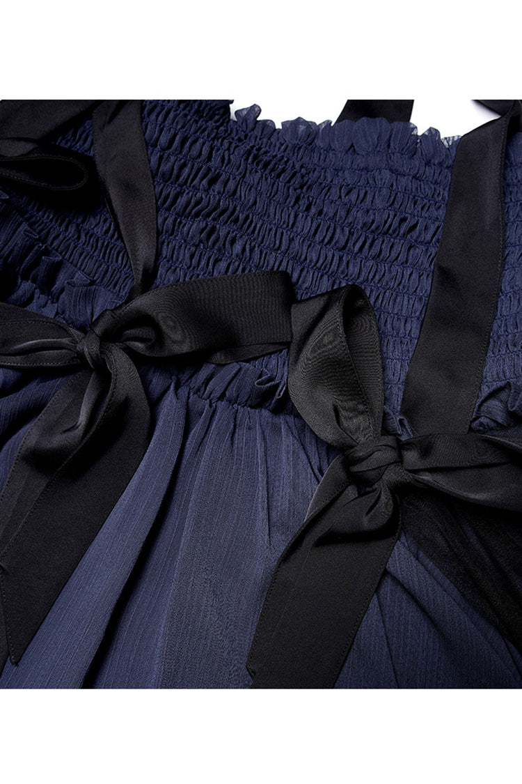 Blue Strap Big Bow Streamer Stitching Lace Suspender Gothic Dress