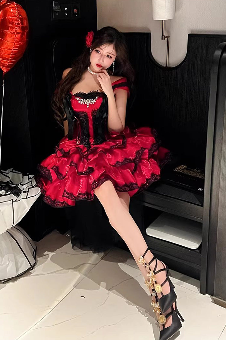 Sweet Lolita JSK Dress with Ruffled Lace and Lace-Up Back - Red