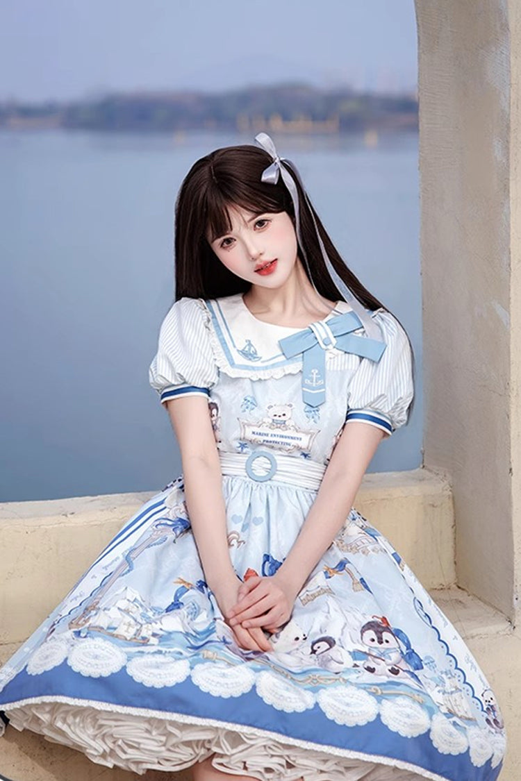 Penguin Navy Short Sleeve Print Ruffle Bow Princess Lolita Dress in Blue