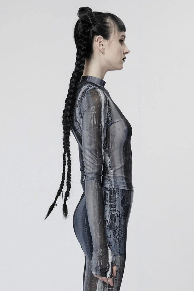 Tie-dye Mesh Long Sleeve Steampunk Graphic Tee
