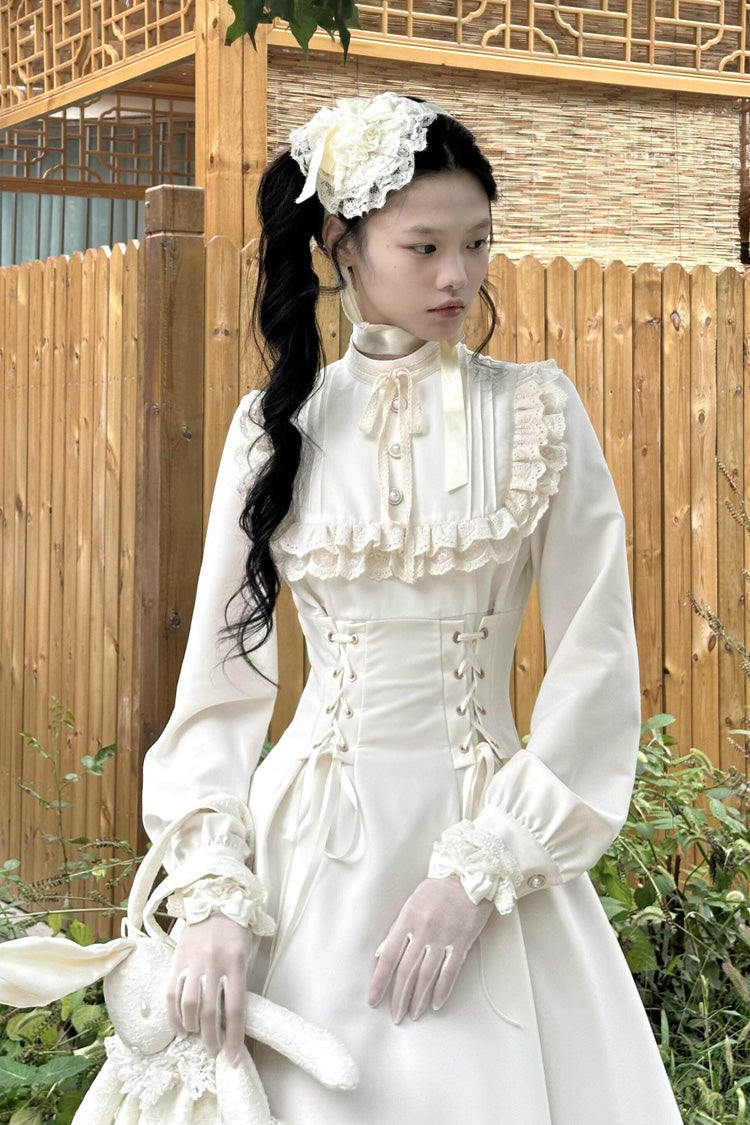 Gothic Apricot Stand Collar Long Sleeve Ruffled Lace-Up Lolita Dress