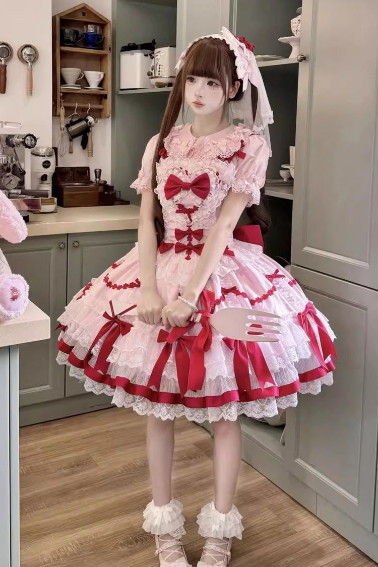 Red Pink Scarlet Heart Cocoa Sleeveless Triple-Layered Ruffle Embroidery Lace Sweet Lolita Jsk Dress