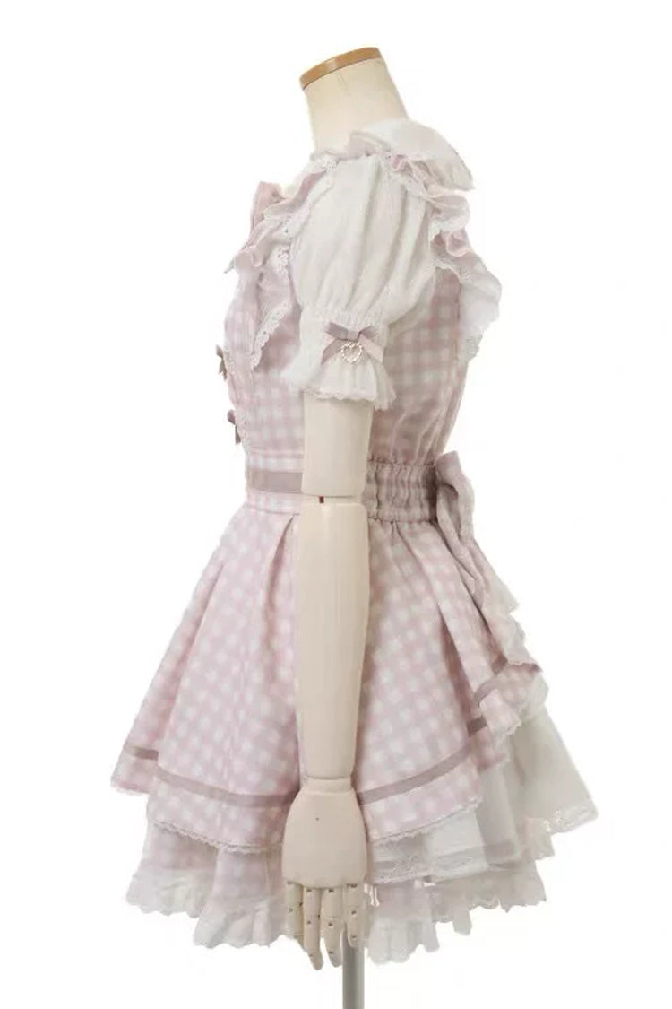 Lapel Collar Plaid Print Bow Plus Size Jirai Dress and Shorts Set in Three Colors