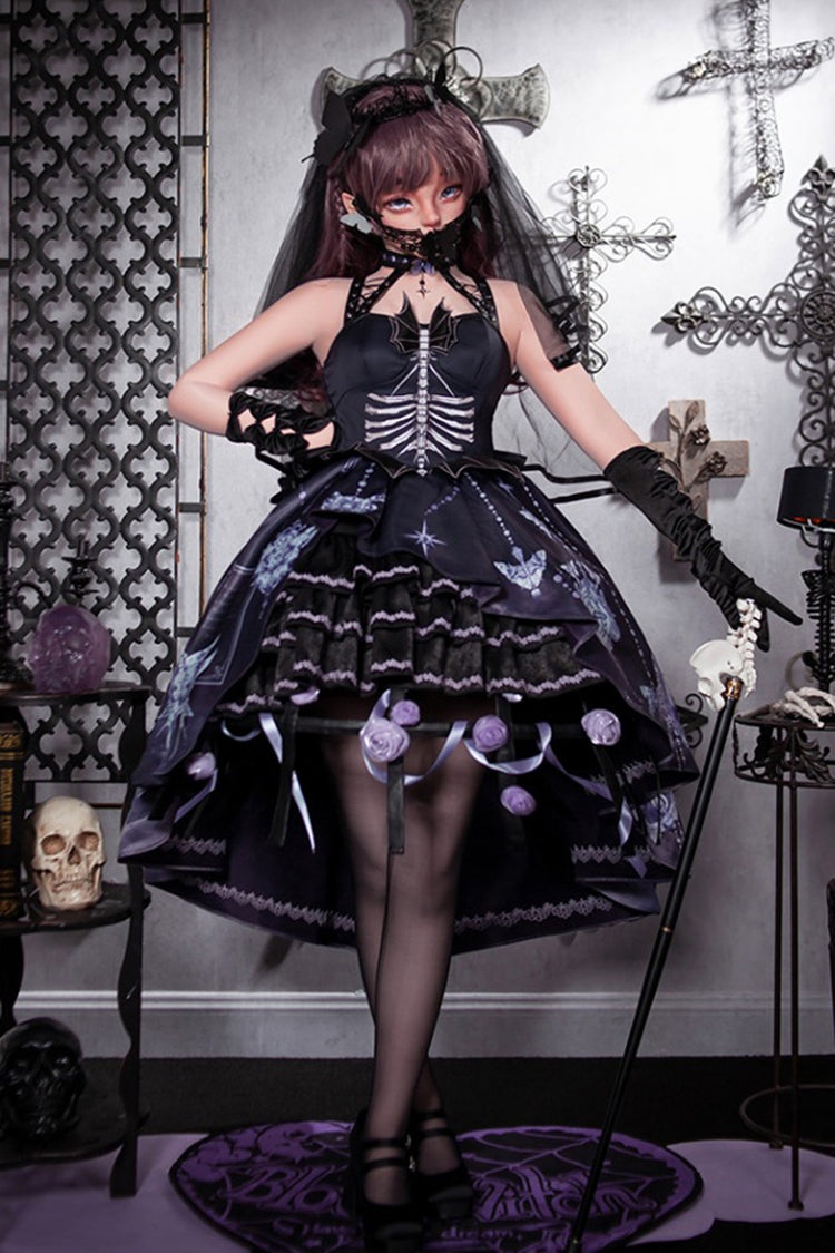 Black Feast of Bones Halterneck Multi-Layered Ruffled Lace Gothic Elegant JSK