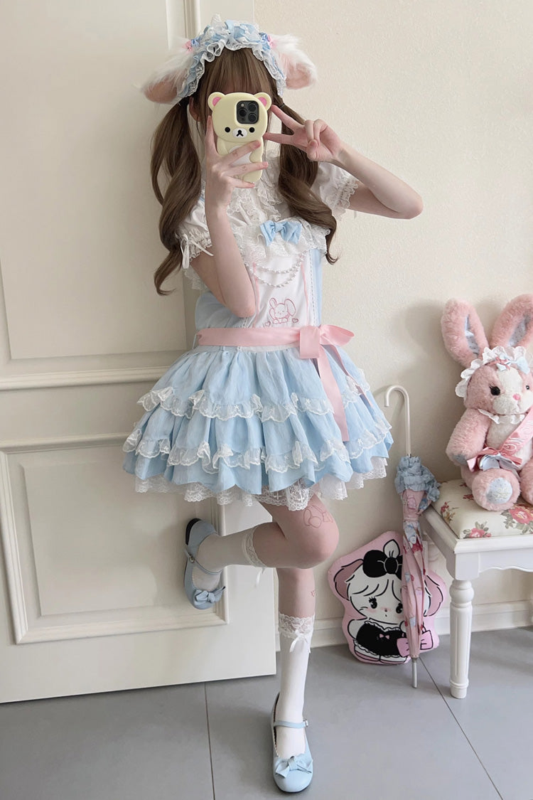 Azure Rabbit-Embroidered Sweet JSK with Double Ruffles