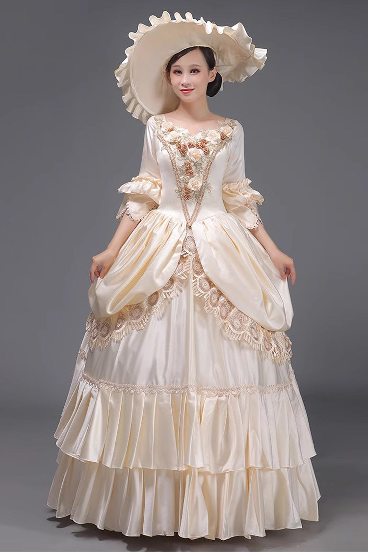 Champagne 3D Floral Multi-Layer Ruffled Victorian Dress - Sweet Vintage