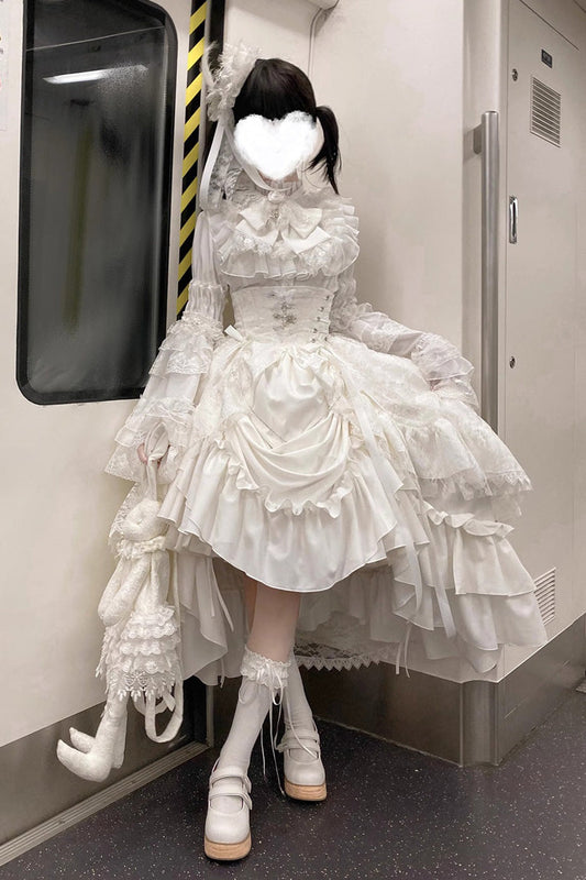 White Eternal Taboo Long Hime Sleeves Ruffled Bow Gothic Skirt Dress Set