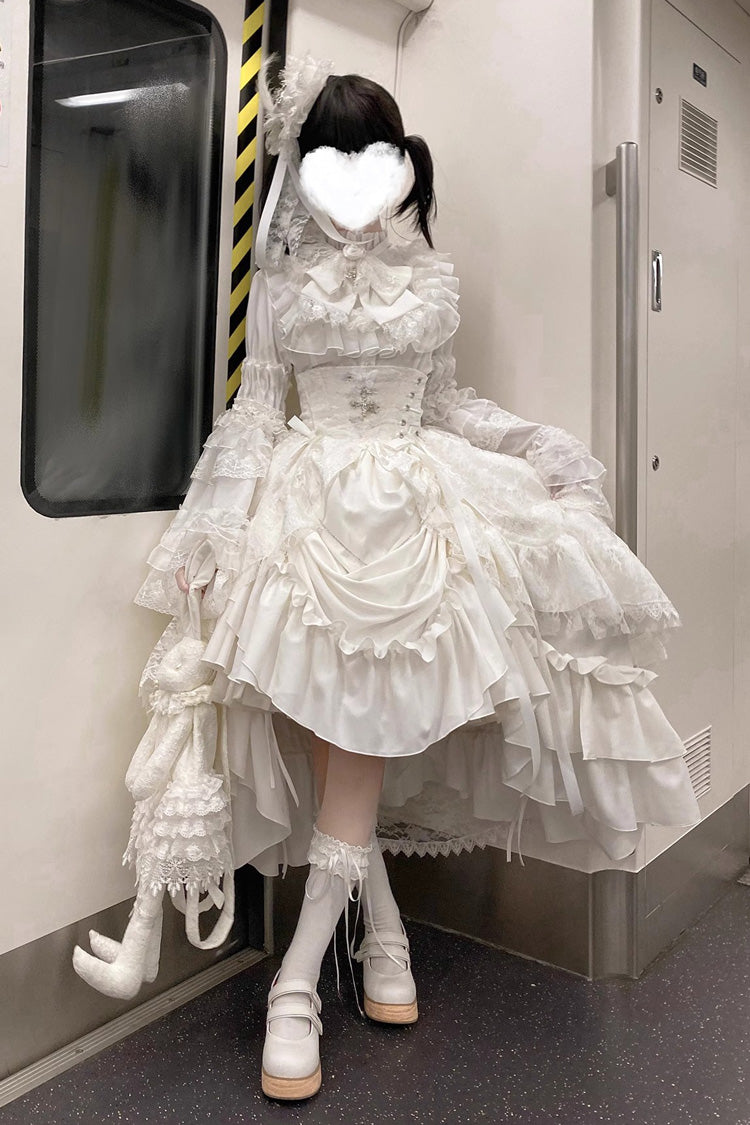 Ivory Long Hime Sleeve Ruffled Bow Gothic Skirt Dress Set