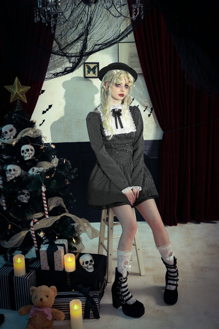 Black/White Striped Lace-Up Gothic Dress with Bow