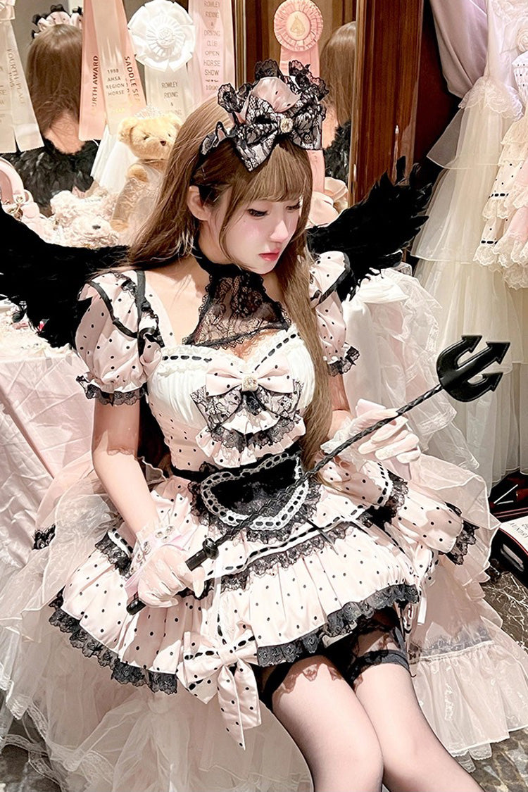 Pink Halterneck Short Sleeve Print Ruffle Bow Maid Dress