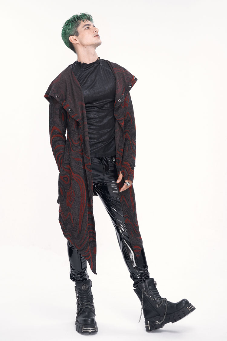 Scarlet Hooded Gothic Coat with Irregular Chains for Men