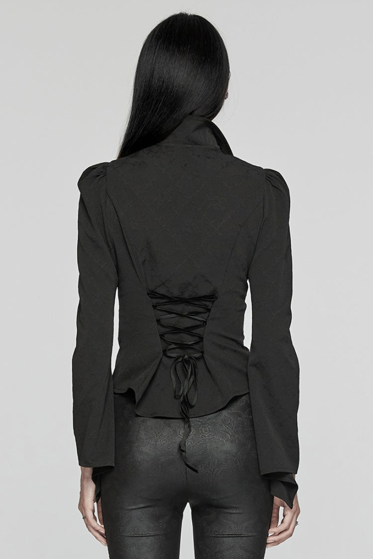 Jet-Black Gothic Blouse with Puffed Sleeves and Stitched Lace for Women