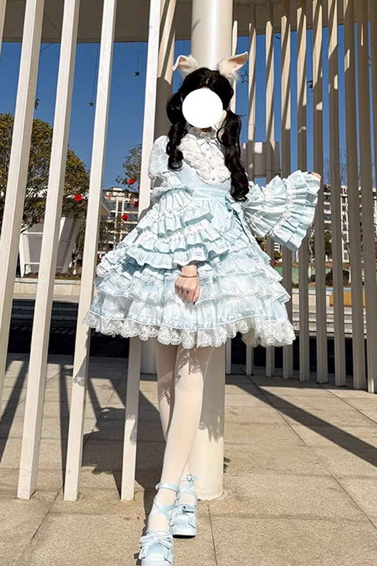 Blue Soloist Doll Long Hime Sleeve Multi-Layer Print Ruffle Bow Asymmetrical Sweet Lolita