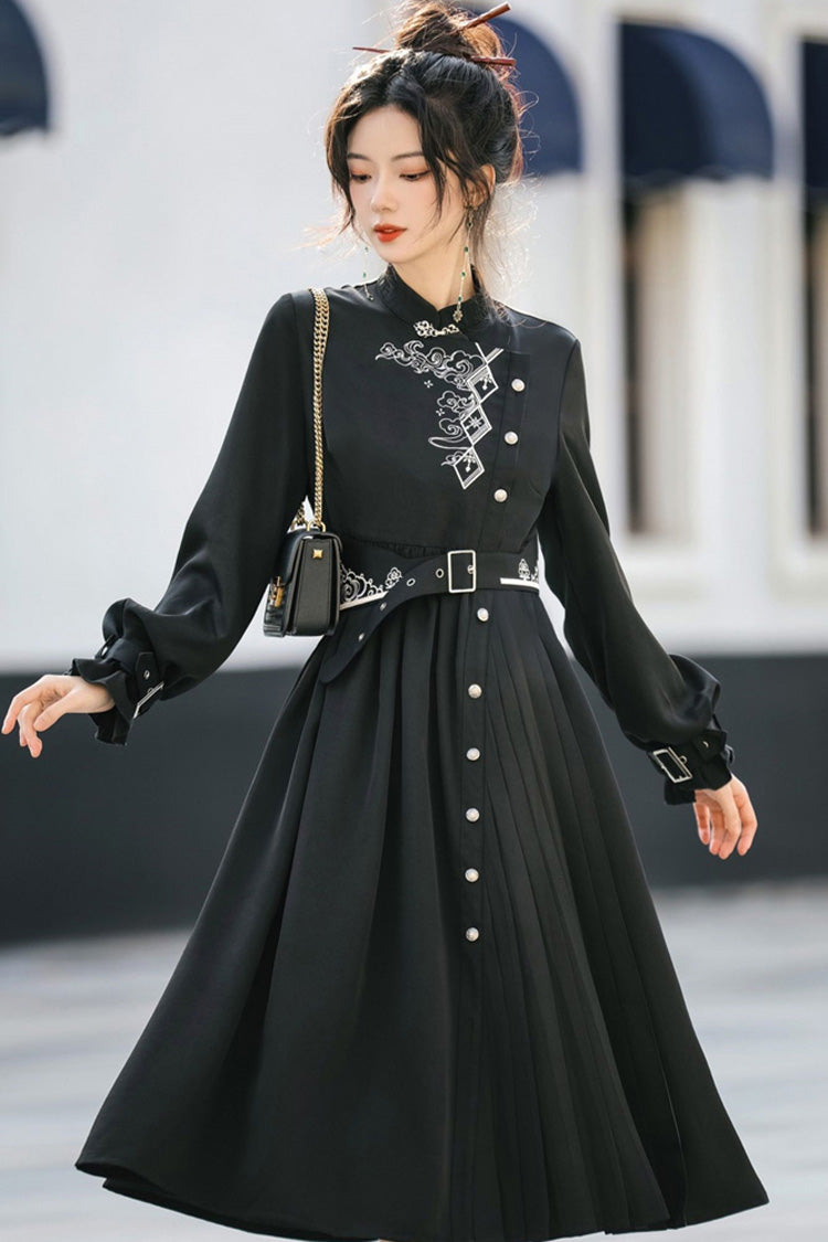 Chinese Style Hanfu Dress with Print and Single Breasted Front