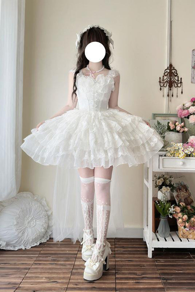 Ivory Sleeveless Multi Ruffle Bow Lace-Up Gothic Ballet JSK
