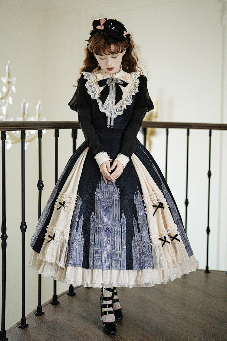 Black & White Church Bells Printed Ruffled Cardigan Bow Elegant Gothic Lolita Dress