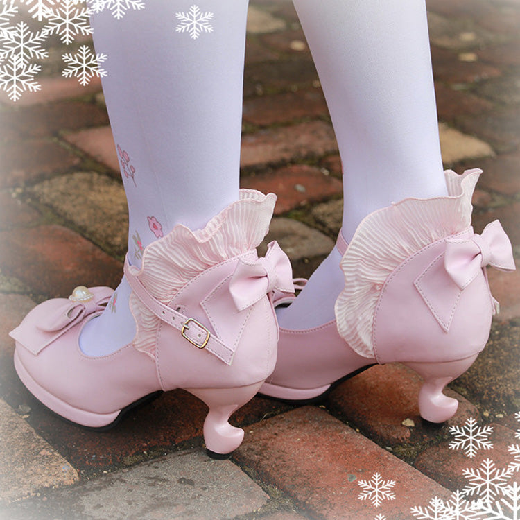 Ribbon-Strap Ruffle PU Girly Lolita Pumps - Multiple Shades