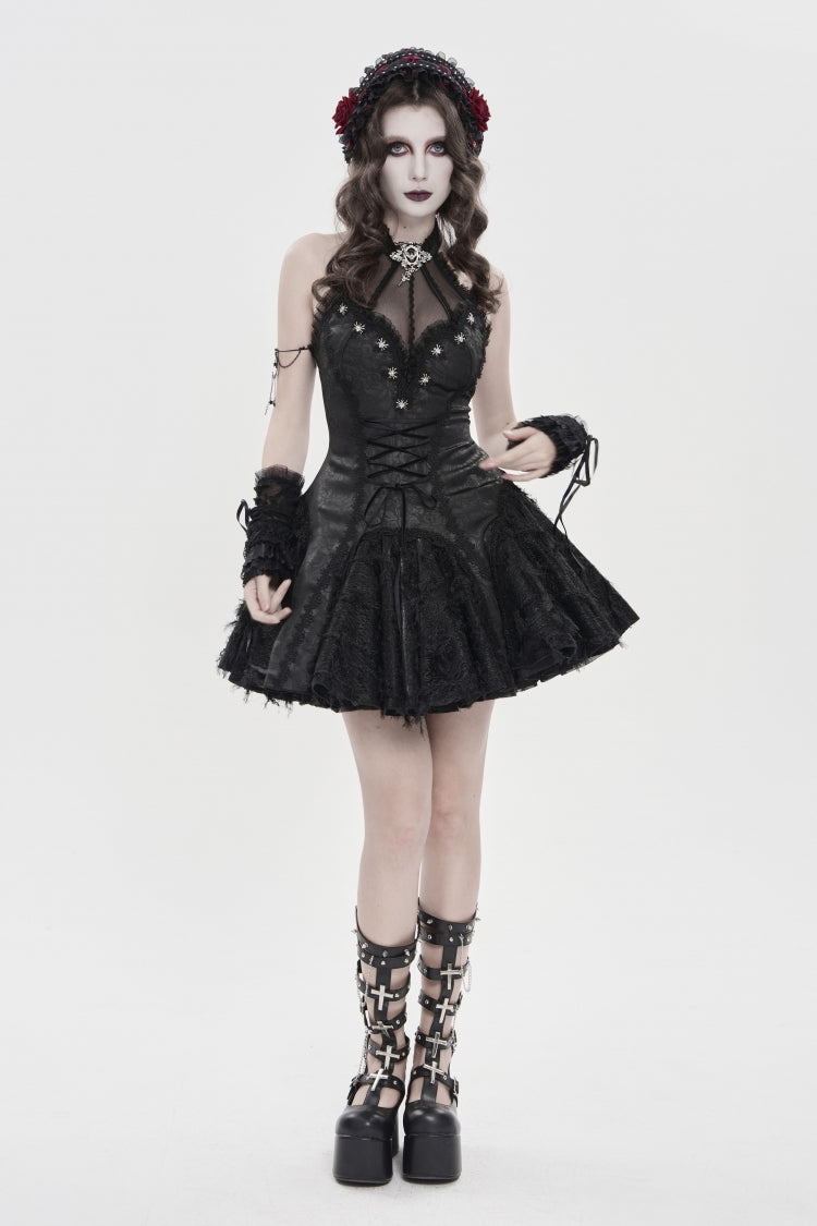 Off Shoulder Sleeveless Printed Spliced Lace Lace-Up Pleated Gothic Dress