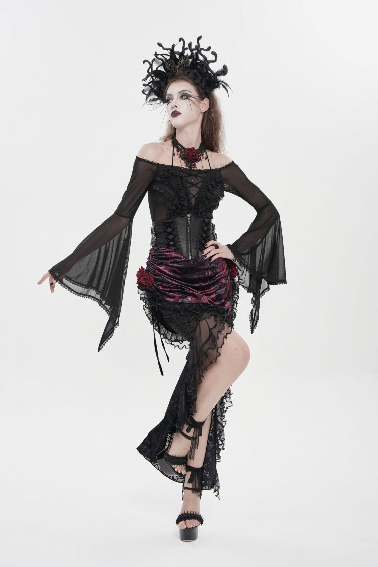 Crimson & Noir Embroidered Rose Lace-Up Asymmetric Hem Gothic Skirt