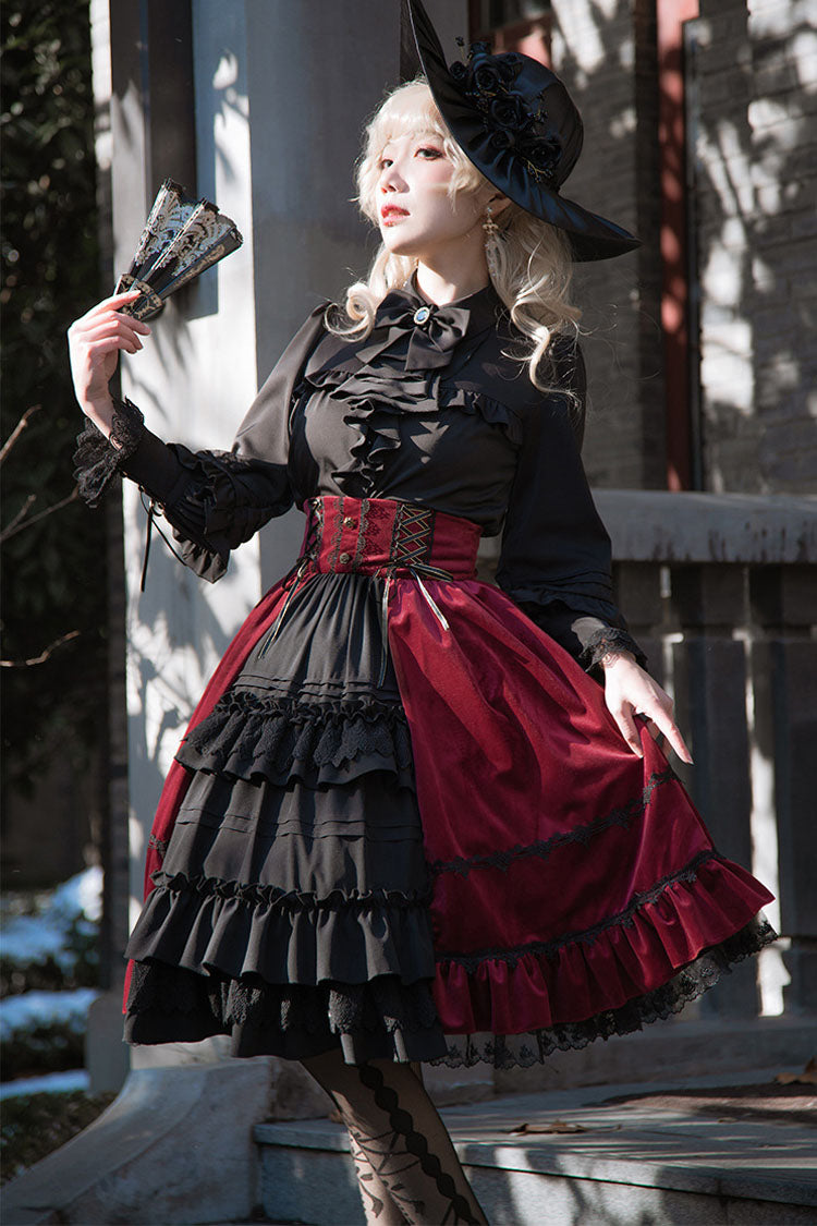 Black/Red Gothic Lolita Skirt Dress Stitching Cardigan Ruffled - Altfashion Shop