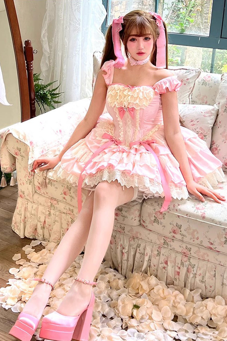 Pink Multi-Layered Ruffled Bow Lace Sweet Ballet Lolita Dress