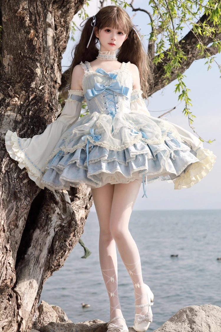 Blue Apricot Sleeveless Multi-Layer Ruffled Lace-Up Sweet Jsk Dress