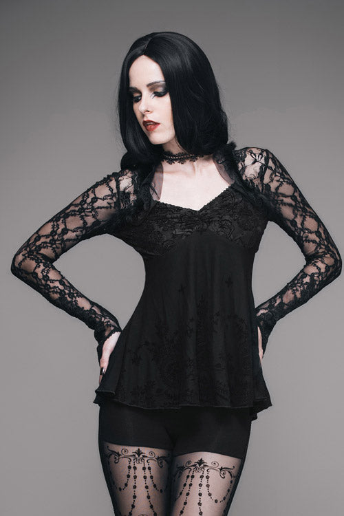 Gothic Mesh Tee with Rose Lace Trim and V-Neck