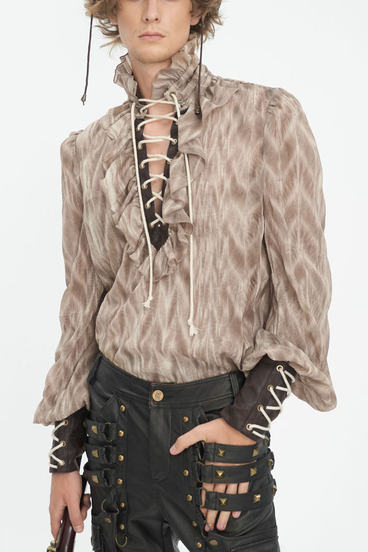 Cocoa Ruffled Stand Collar Lace-Up Gothic Blouse for Men