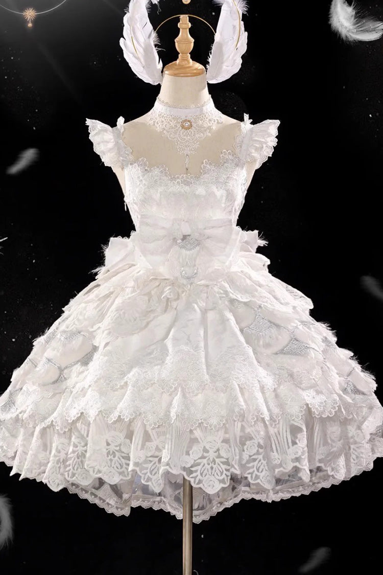 Ivory Peacock Feather Multi-Ruffle Bridal Cardigan Bow Lace Lolita JSK Set