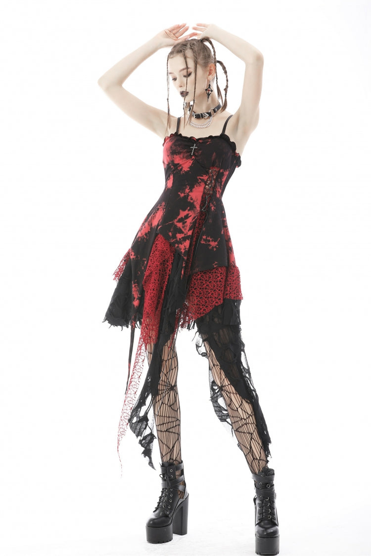 Crimson & Noir Tie-Dye Patchwork Punk Slip Dress with Irregular Hem