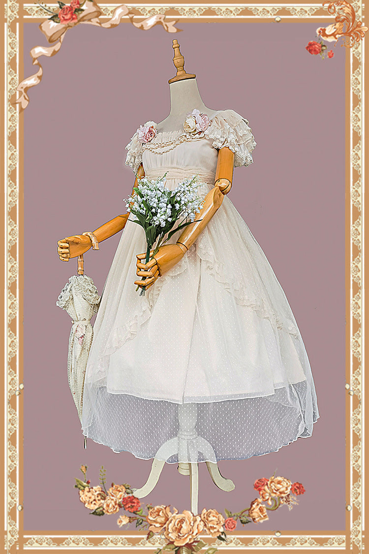 Apricot Elegant Lolita Dress with Polka Dot Print Ruffles Bowknot and Asymmetric Sweet Style