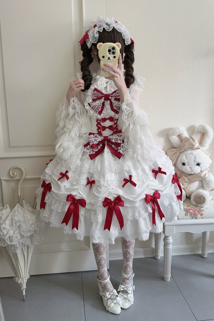 Ivory and Red Silk Gift Box Square Neck Sleeveless Layered Ruffled Bow Lace Sweet Lolita JSK