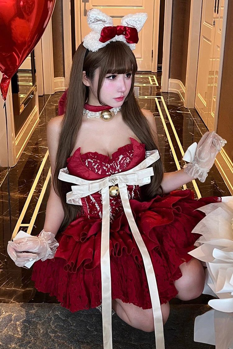Red Sleeveless Triple-Layered Ruffle Hollow Bow Lace-Up Ballet Dress