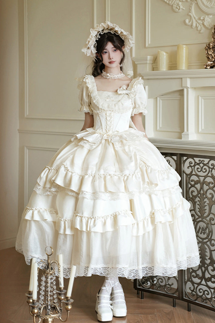 Ivory Square Neck Ruffle Bridal Bow Elegant Gown