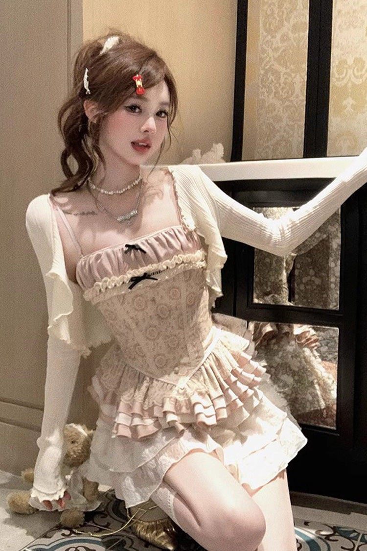 Apricot Multi-Layer Printed Embroidered Bow Sweet Vintage Lolita Skirt